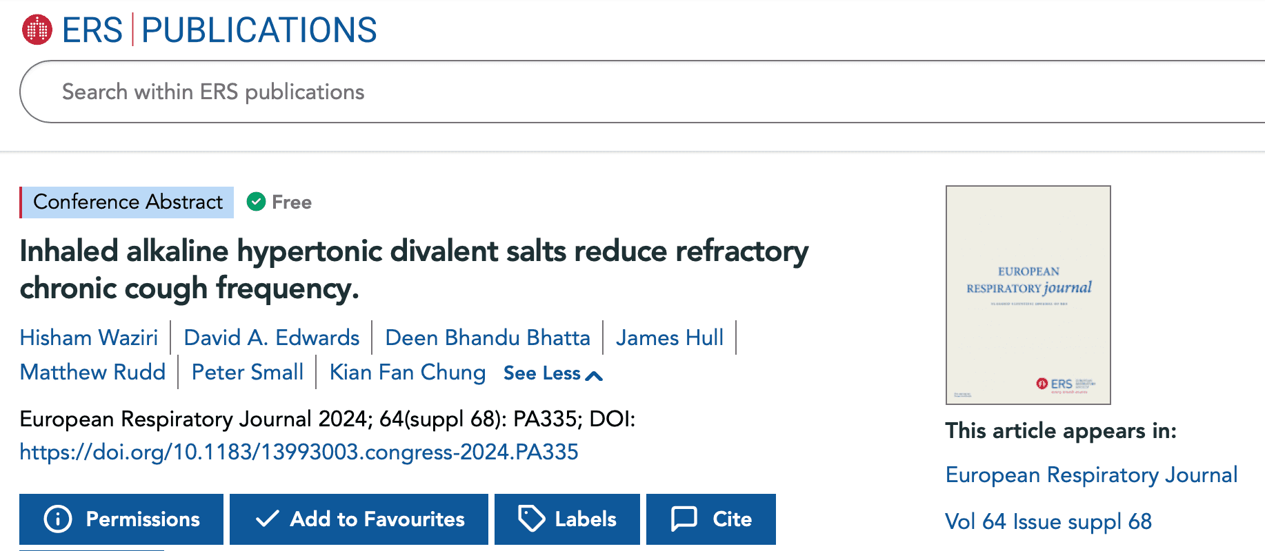 ERS 2024: Inhaled alkaline hypertonic divalent salts reduce refractory chronic cough frequency.