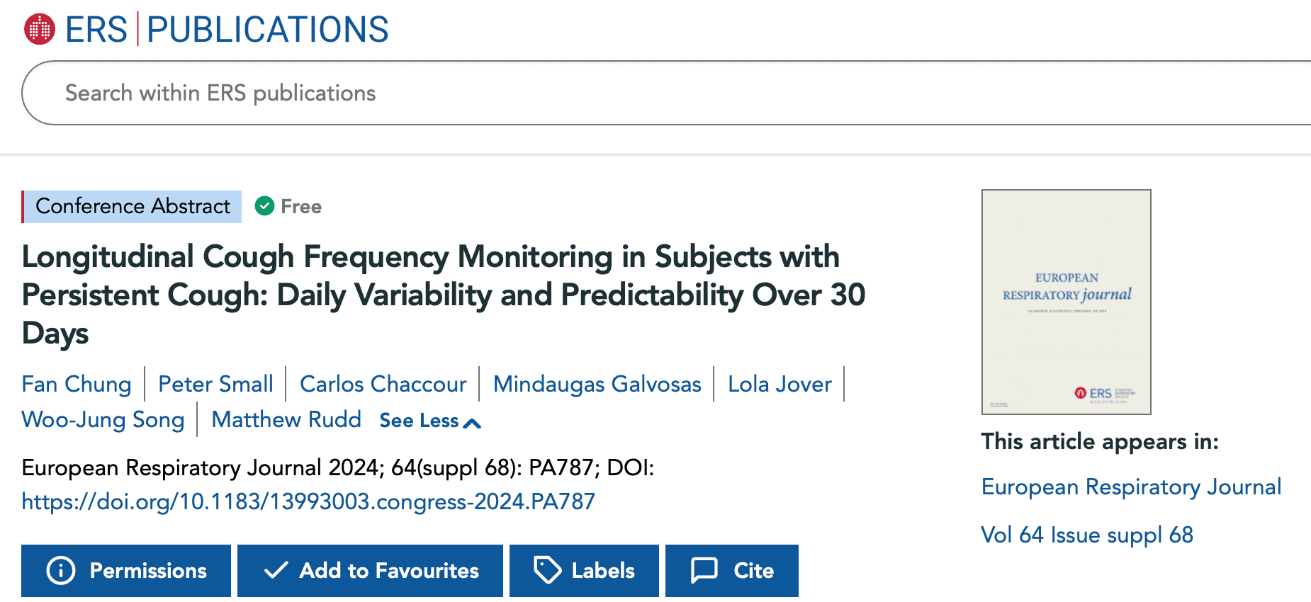 ERS 2024: Longitudinal Cough Frequency Monitoring in Subjects with Persistent Cough: Daily Variability and Predictability Over 30 Days
